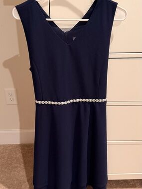 Speechless Navy V-Neck Formal Dress with Rhinestone Waist